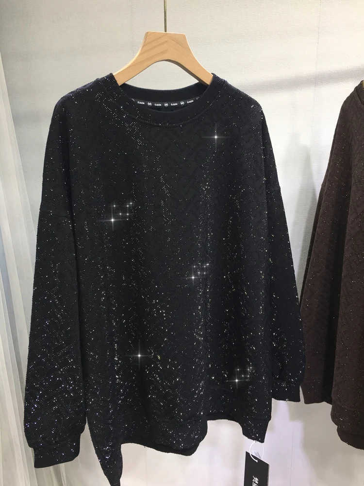 Sweat-shirt polaire à strass pour l'industrie lourde européenne, col rond, lettre ample, mi-long, polyvalent, tendance automne hiver