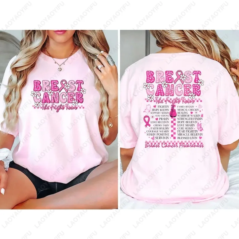 

Breast Cancer The Fight Tour October Pink Ribbon Tops Cute Trending Pattern Double Sided Printing Tshirt Men Women Cotton Tees