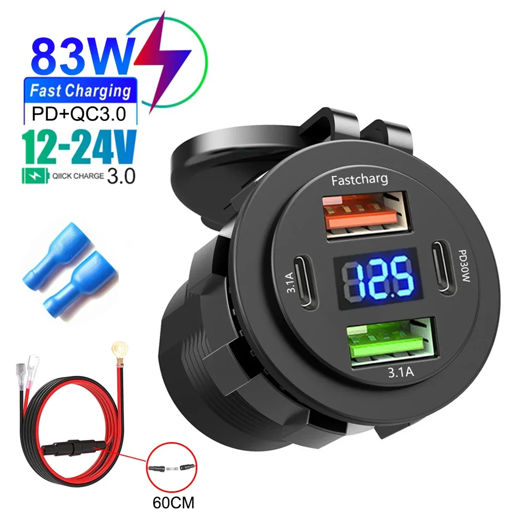 83W Autoladegerät Buchse PD30W Schnellladung Dual USB + Typ C Steckdose Telefon Netzteil mit Voltmeter für Motorrad LKW Boot