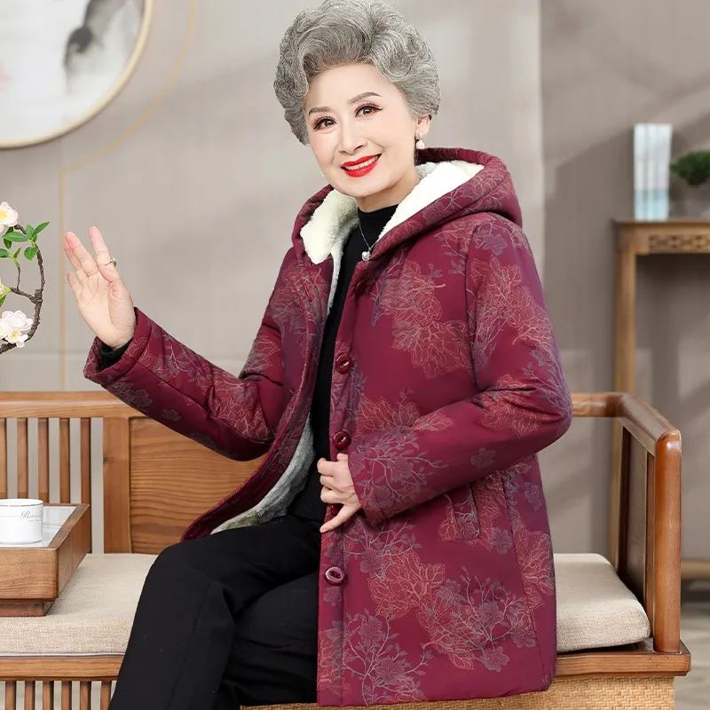 Aged Grandmother 60-70-80 Years Cotton-Padded Coat Parkers Middle-Length Winter Clothes Women\'s Thickened Hooded Jacket