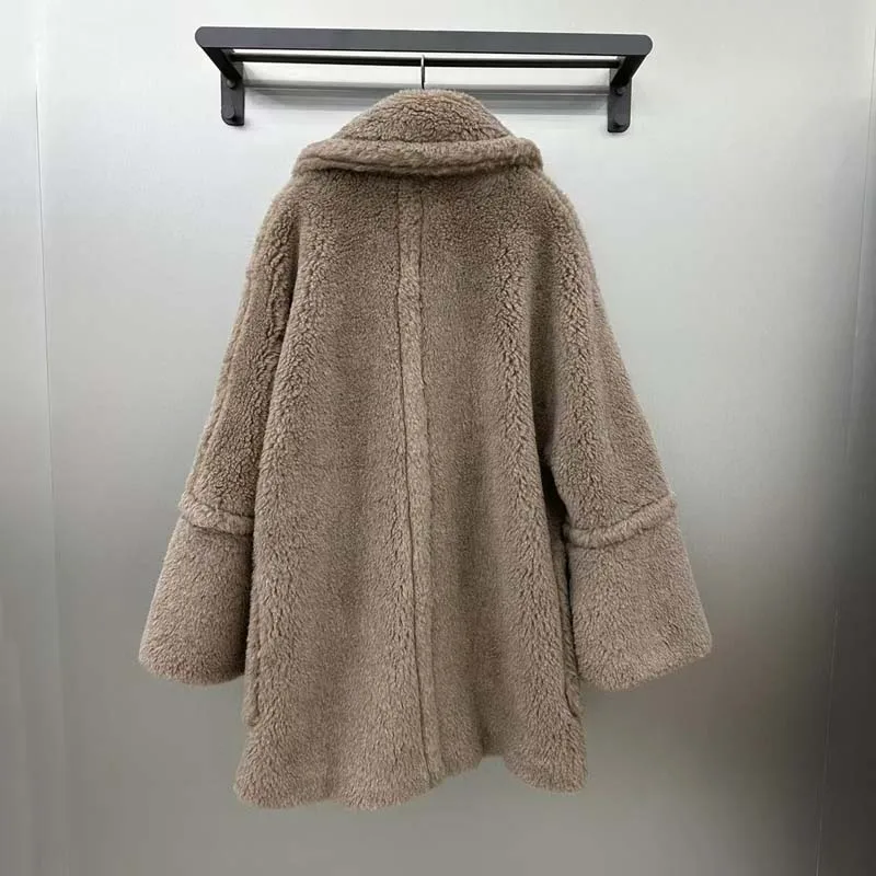 Real Sheep Wool Coat Winter Women 2024 New Arrival Long Length Big Pockets Turn-Down Collar Clothes Thick Warm