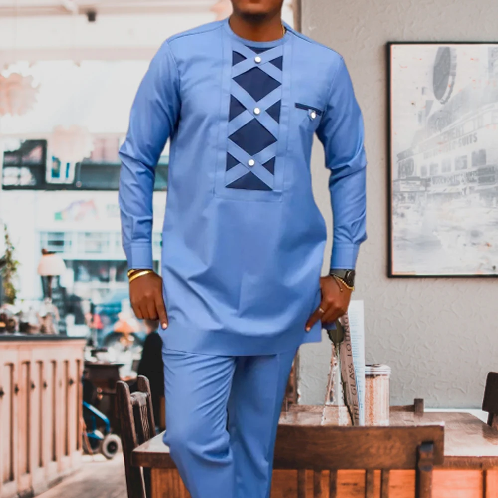 

New In Men Summer Solid 2 Piece Sets Long Sleeves Elegant Top and Sweatpants Dashiki African Wear for Man Outfits Ethnic Casual