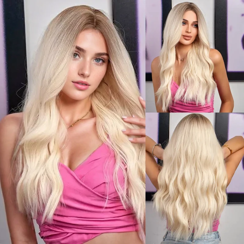 Synthetic Wigs Long Blonde for Women Curly Hair with Dark Roots Middle Parting High Temperature Natural Wig Daily Party Use