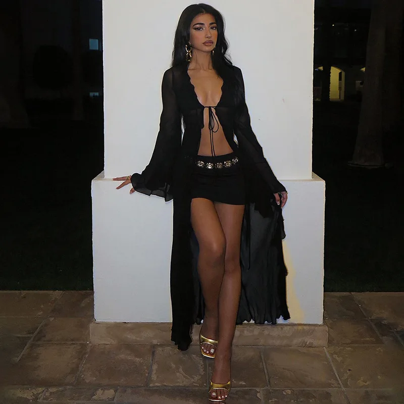 Cárdigan transparente de malla para mujer, vestido largo con cordones y borde de hongo, estilo Spice Girl, moda urbana, primavera 2026