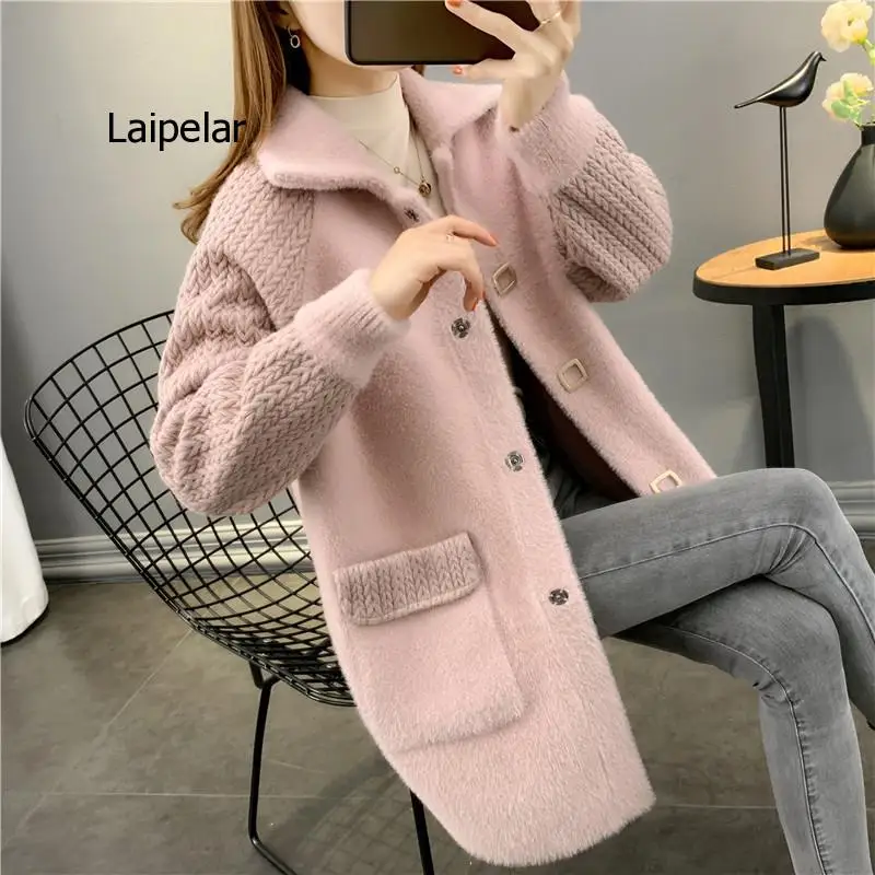 Imitation Mink Jacket Women Mid-Length Autumn Winter Stitching Thick Coat Knit Sweater Cardigan Female Windbreaker Outerwear