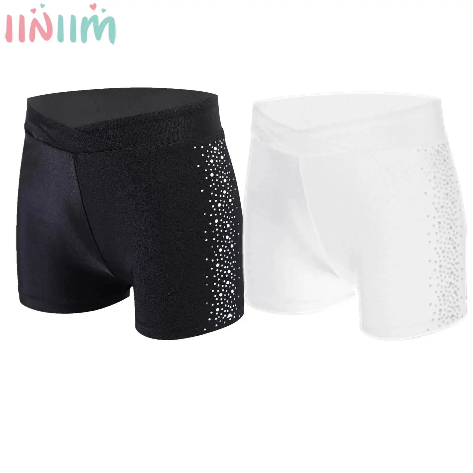 

Kids Girls Figure Skating Leggings Ballet Dance Gymnastics Acrobatics Yoga Shorts Shiny Rhinestones Elastic Waistband Bottoms