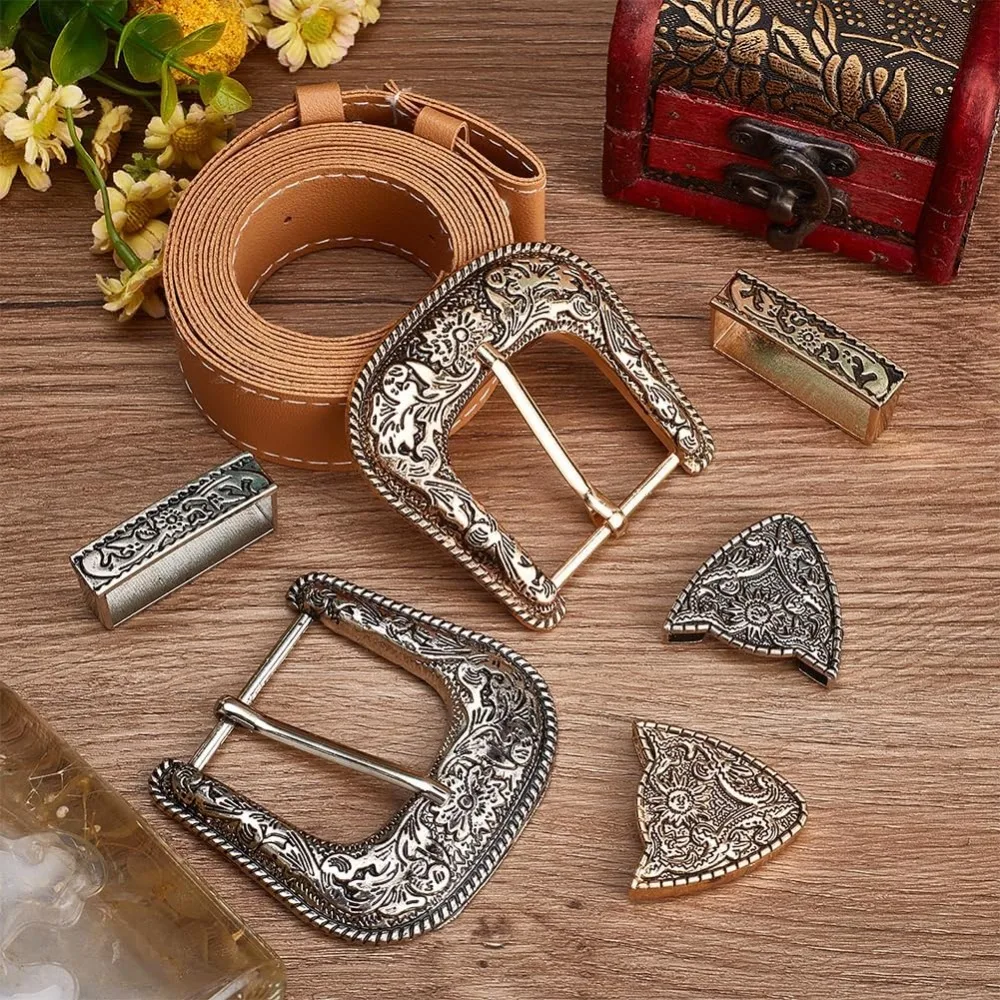 2Sets Belt Buck Set 1.5 Inch Western Cowboy Buckle Set 3 Piece Alloy Belt Buckle Set Antique Gold/Silver 2 Styles for