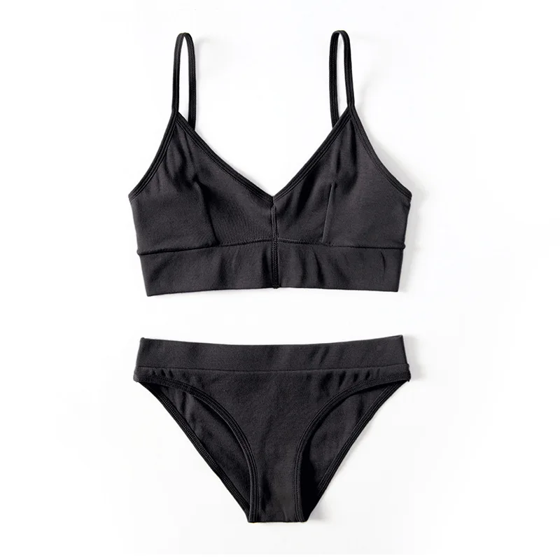 French simple solid color underwear set women's V-neck thin shoulder strap soft skin-friendly breathable comfort Y2k Style