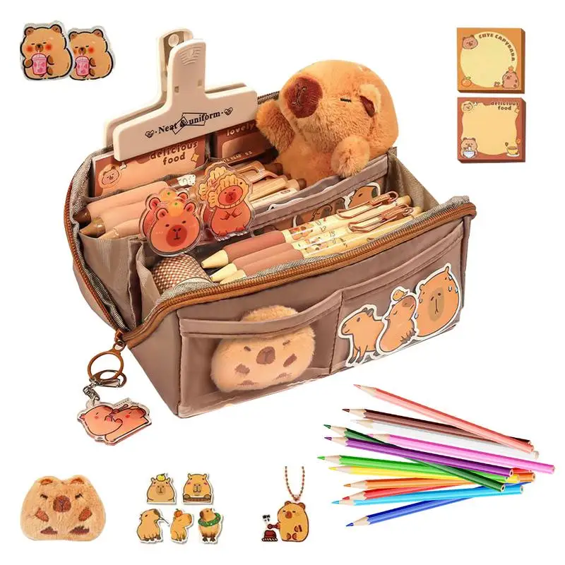 Capybara Pen Box Holder Capybara Pen Bag Pancil Case Pouch Waterproof Cute Capybara Plush and Pins Aesthetic Pencil Pouch