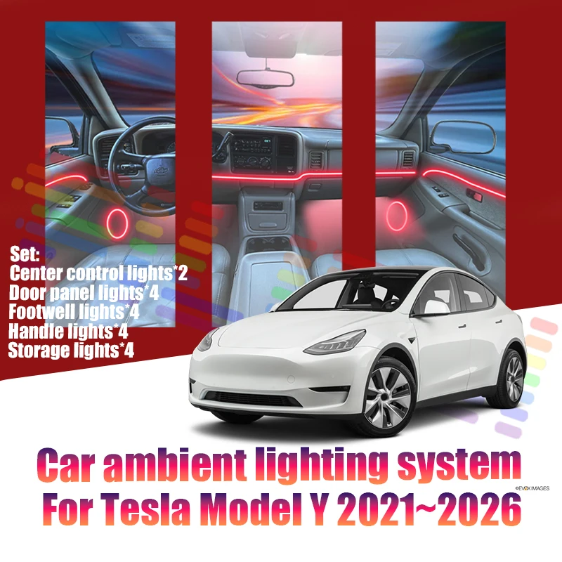 Для Tesla Model Y 2021-2026: Светодиодные атмосферные лампы, цветная подсветка салона, неоновая лента 64 RGB, автозапчасти Для Tesla Model Y 2021-2026: Светодиодные атмосферные лампы, цветная подсветка салона, неоновая лента 64 RGB, автозапчасти