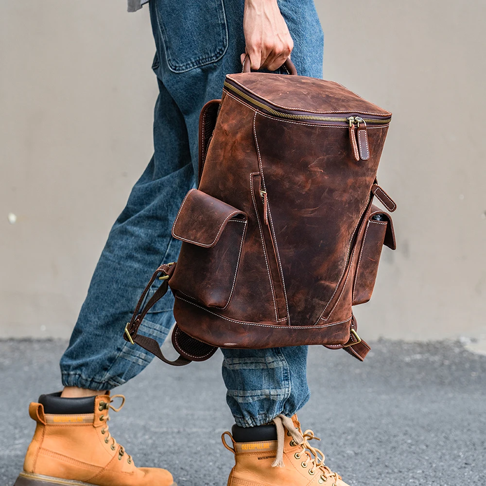 Crazy Horse-mochila Retro de gran capacidad para hombre, morral de viaje para exteriores Mochila de cuero para ordenador