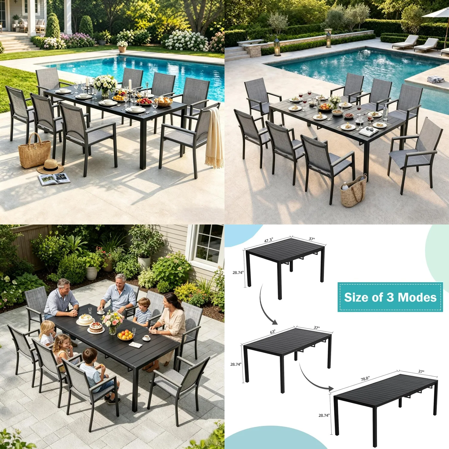 

9pc Extendable Patio Dining Set 8 Person Table Highback Arm Chairs All Weather Backyard Gray Customized