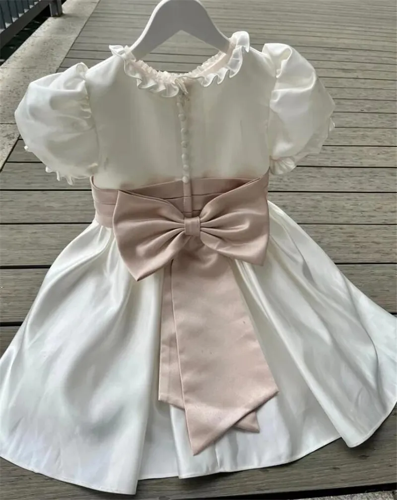 White Satin Lolita Princess Dress With Bow Birthday Baptism Party Gown Children Boutique Dreses For Girls Eid