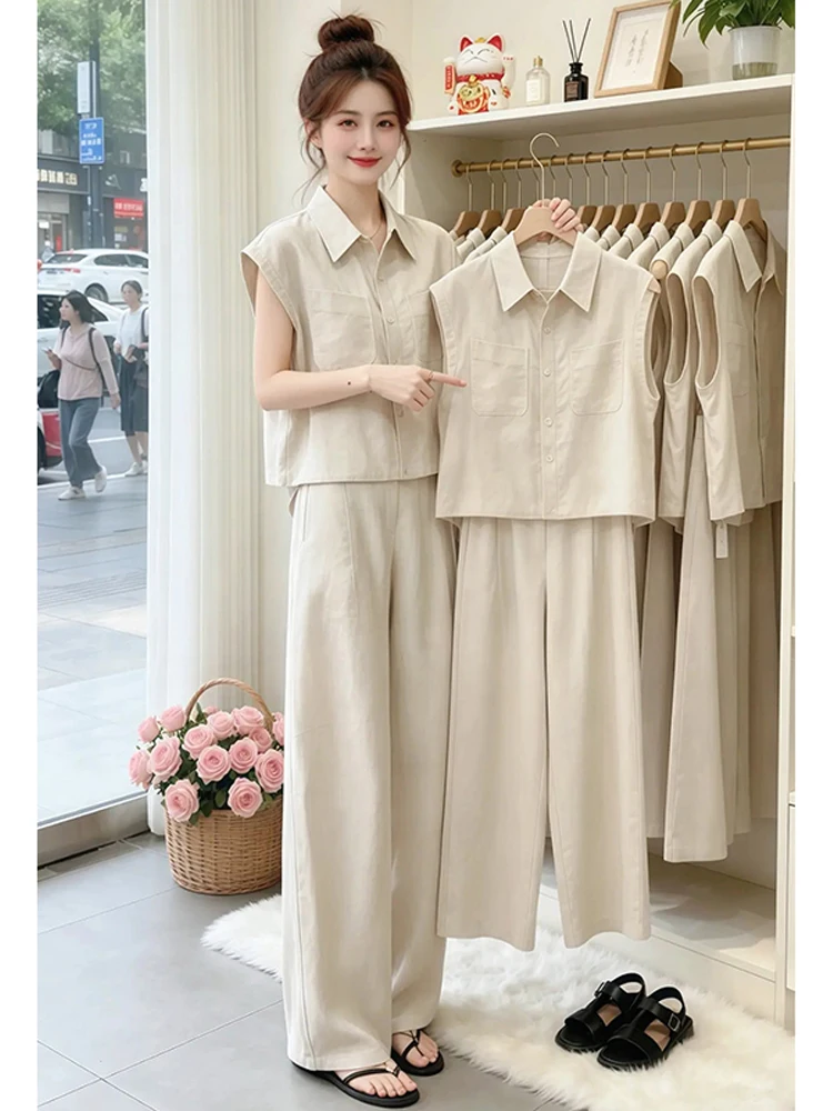 Fashionable Casual Summer Outfit Women's Button-Up Shirt And Wide Leg Pants Set Breathable Polyester Fiber High Waist Trousers