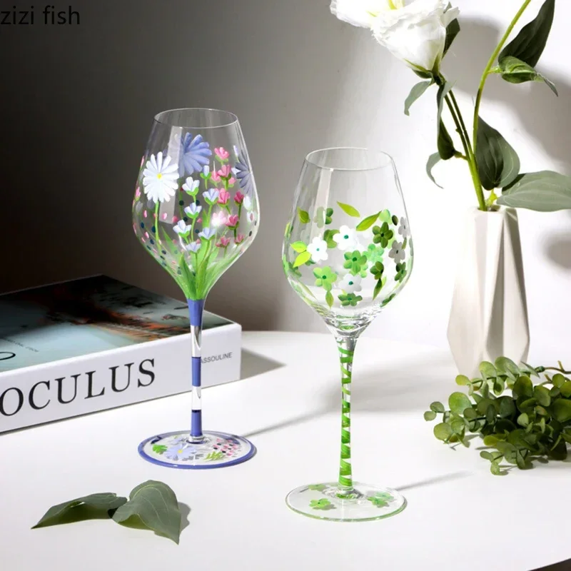 High Footed Glass Cup Red Wine Glass Champagne Glass Kitchen Drinkware Handmade Painted Flamingo Wine Glasses Household Wine Set