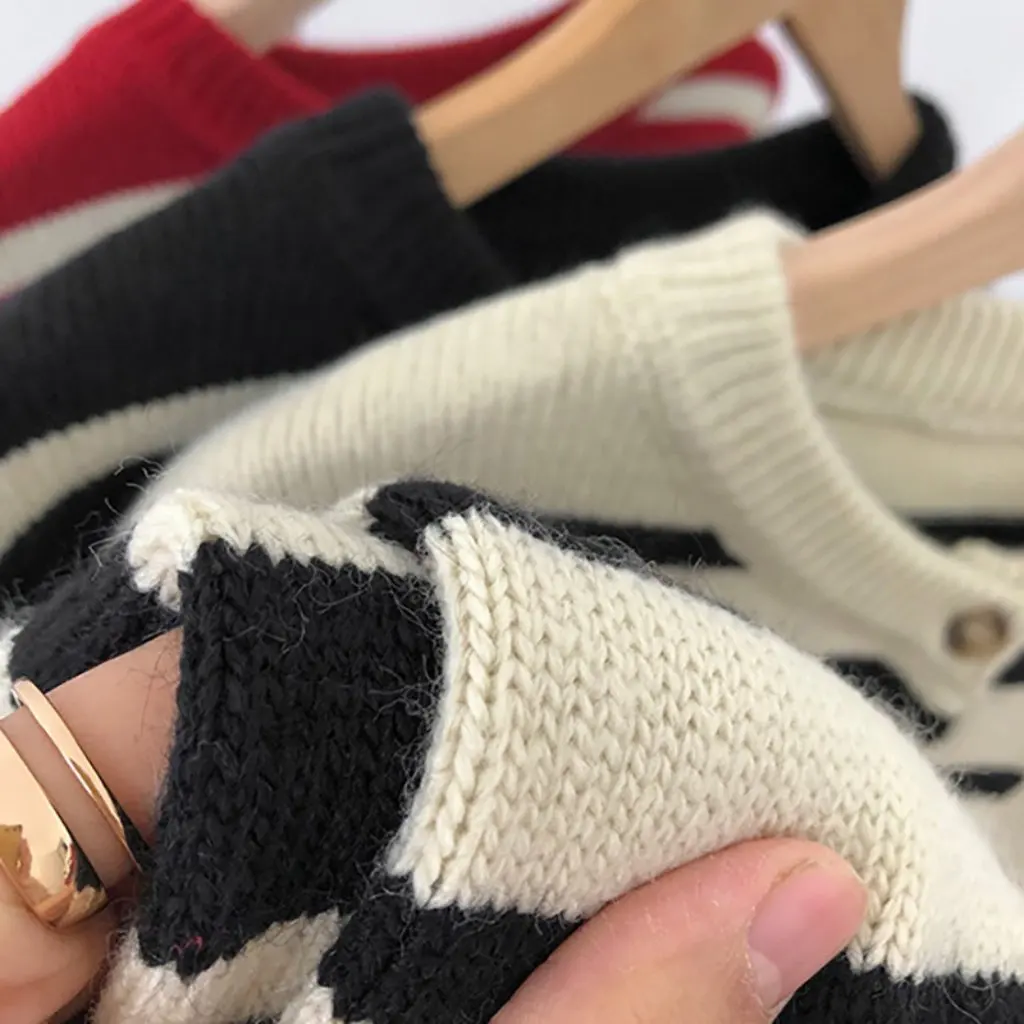 الكورية نمط مخطط Crewneck سترة مشغولة من الصوف المرأة سترة قصيرة سترة الأكاديمية نمط فضفاض كل مباراة الخريف الجديد