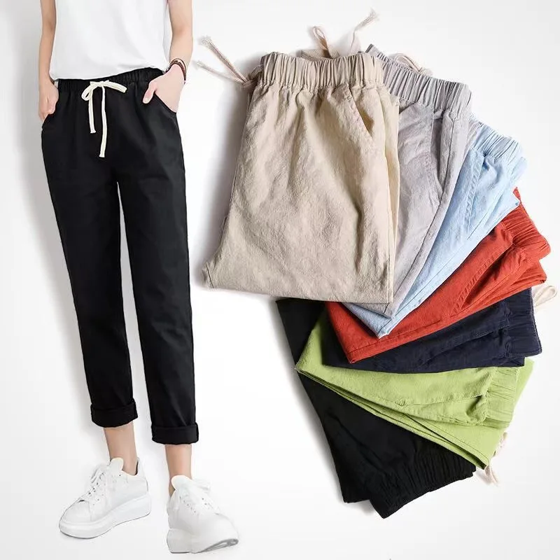 

2022 New Women Linen Cropped Trousers Thin Leisure Washed Cuffs Elastic Band Waist Drawstring Summer Capri Feet Harem Pants