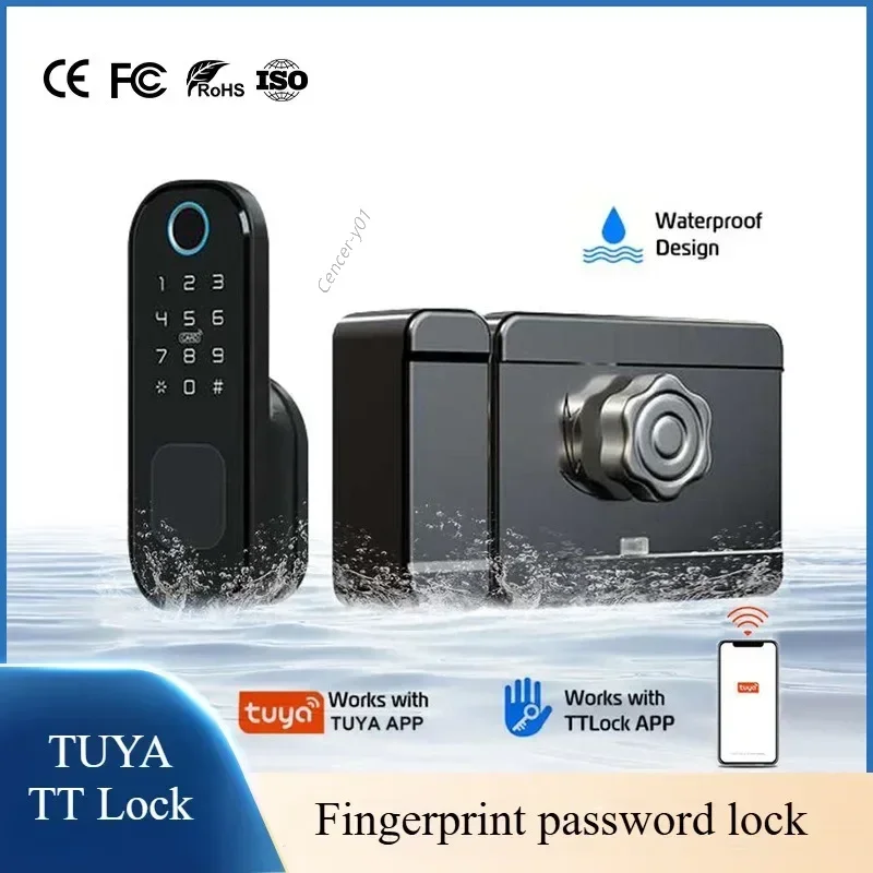 Fingerprint Waterproof Outdoor Garden Lock Remote Control TUYA WIFI App Code Keyless Smart Door Lock Electric Rim Lock