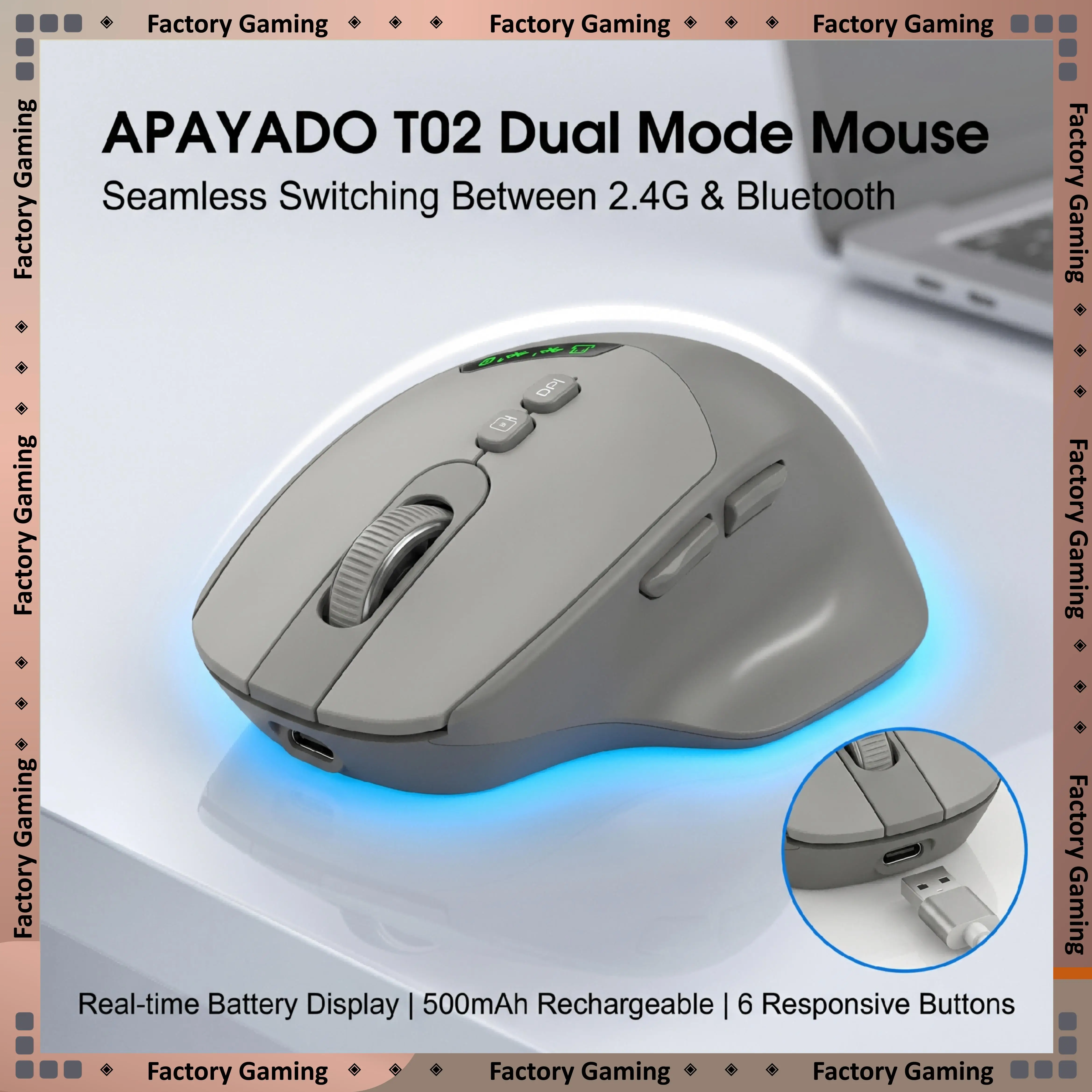 APAYADO T02 Dual Mode Wireless Mouse BT5.0 2.4G 6 Keys Battery Level Display 500mA Type‑C Rechargeable Mouse