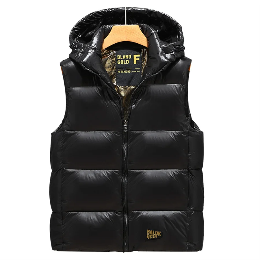 Men Winter Cotton Padded Vest Hooded Sleeveless Jacket Casual Outerwear Thick Warm Coat Black Gold Waistcoat Men\'s Clothing 5XL