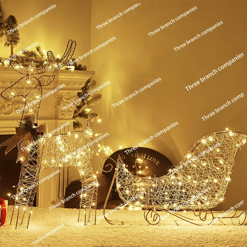 Christmas Luminous Wrought Iron Deer Pull Cart Christmas Elk Ornament Shopping Mall Window Beautiful Chen Light Gift Box Christm