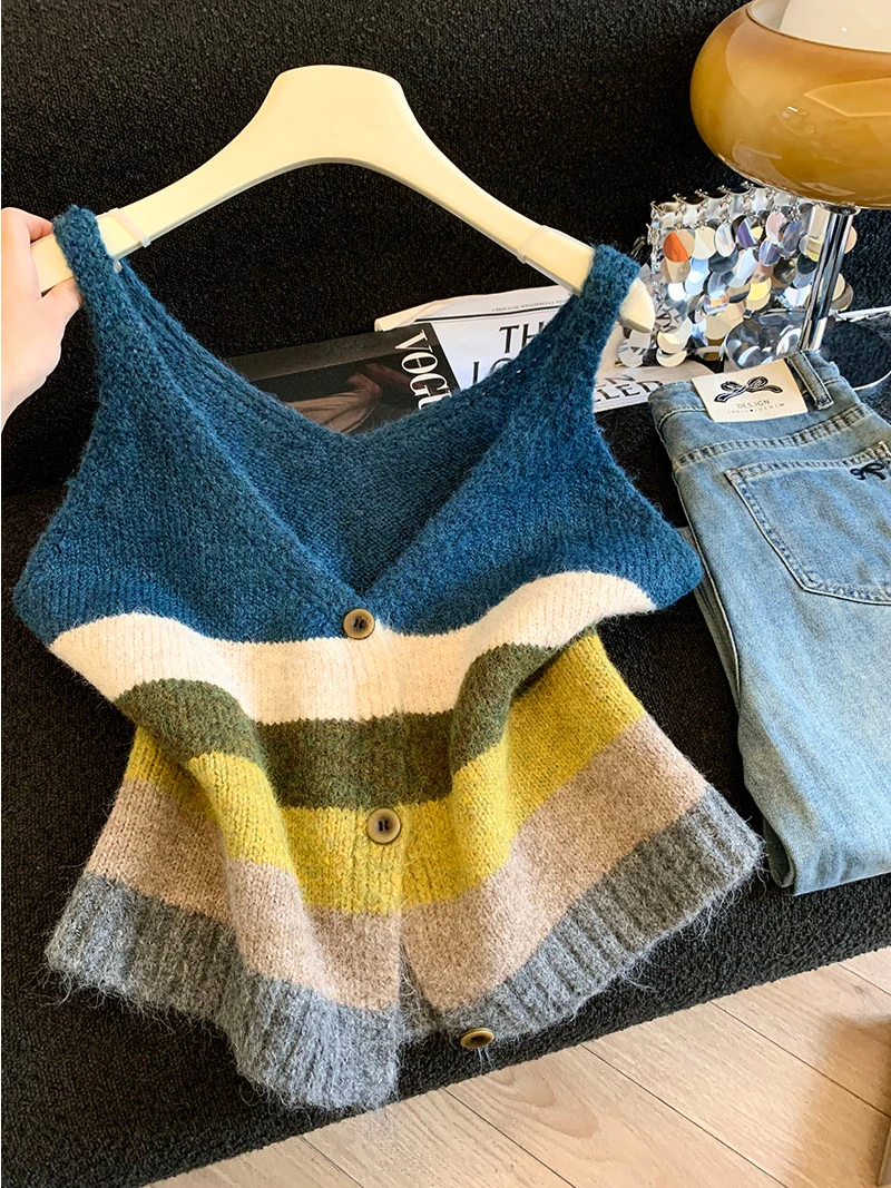 

Женский свободный топ-жилет «Радуга»: модный, универсальный, стройнящий, для ранней осени, в ретро-стиле, удобный крой, безрукавка