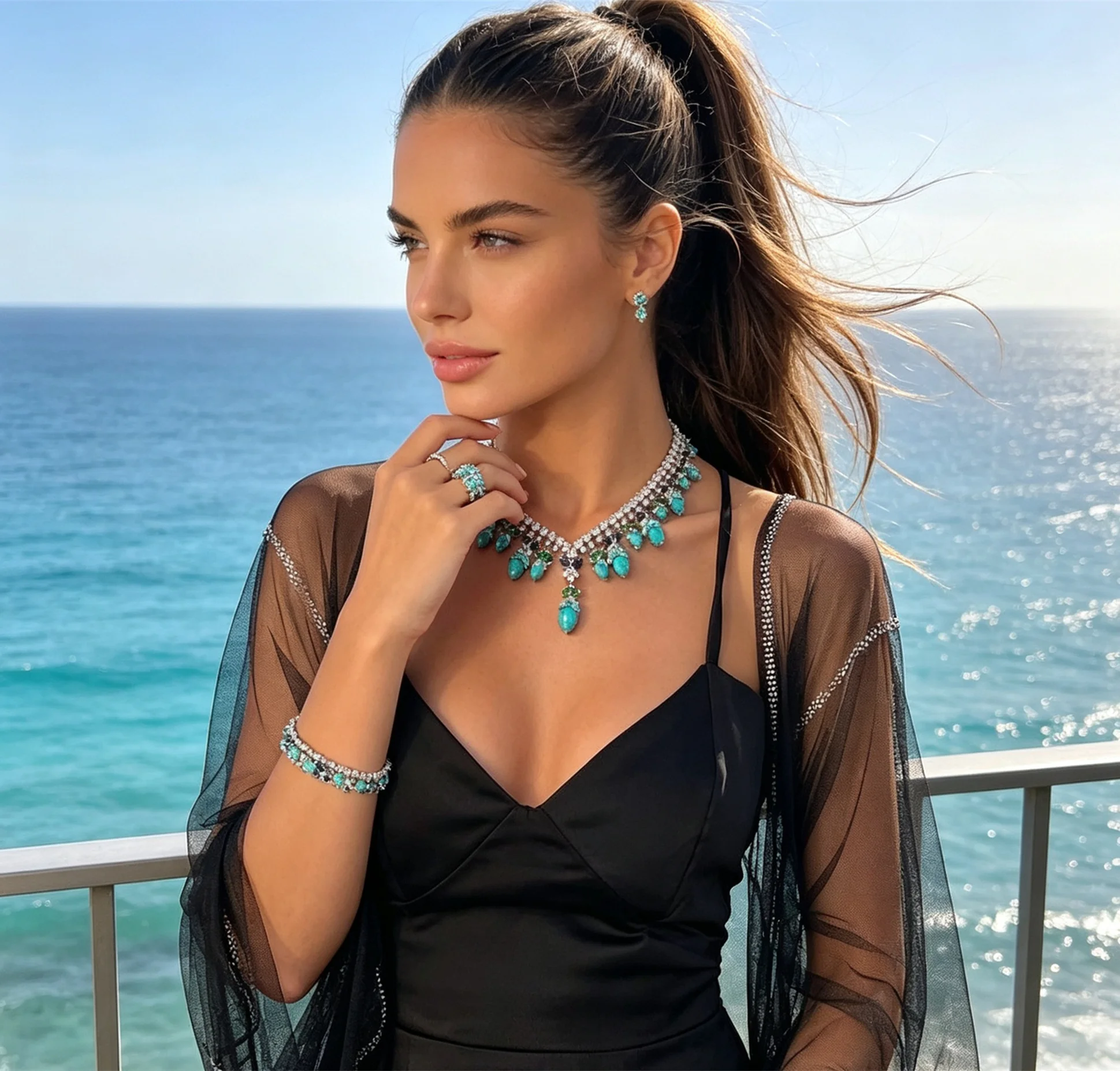 Christmas Gifts Copper Inlaid Turquoise Heart Water Drop Tassel 4Pcs Jewelry Set Necklace Earrings Ring Bracelet Women Accessory