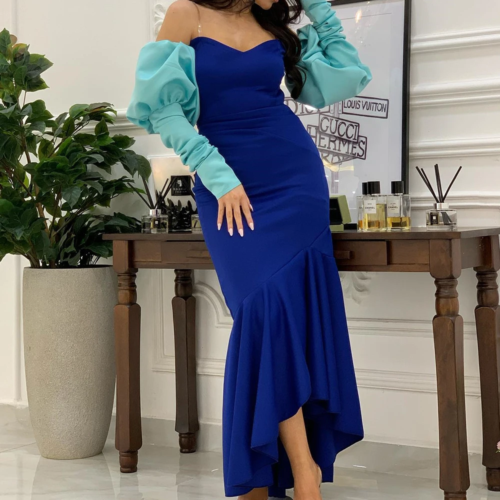 Temperamento Hasta el tobillo Mangas desmontables Plisados Vestidos de fiesta Vestidos de noche modernos de sirena azul con forma de corazón Vestidos de noche فساتmavera