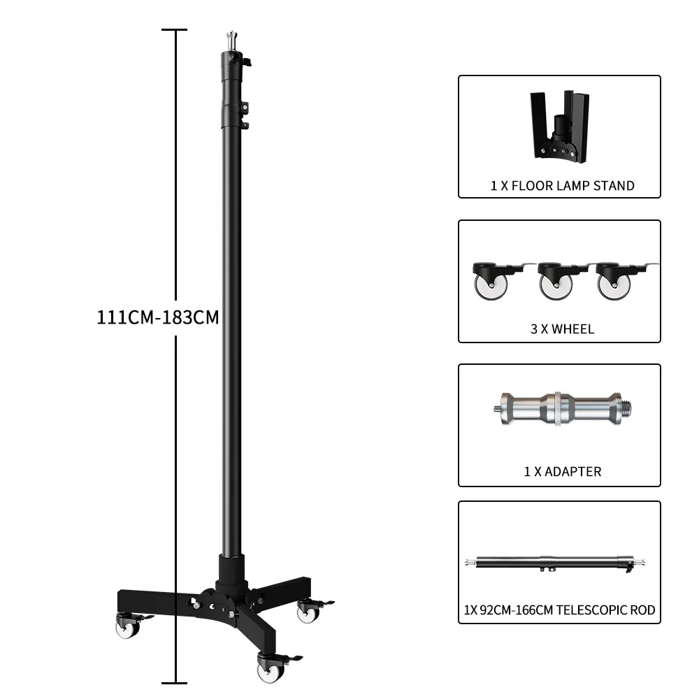 22cm 76cm 183cm Metal Floor Light Stand Photography Fill Lighting Stand With 3pcs Casters Wheel Dual-use Background Light Stand