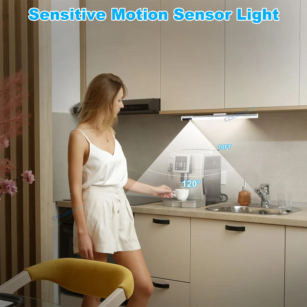 Upgraded Motion Sensor Light 3 Color Adjustable Rechargeable Night Lamp Under Cabinet Light Bar with Digital Screen Easy Install