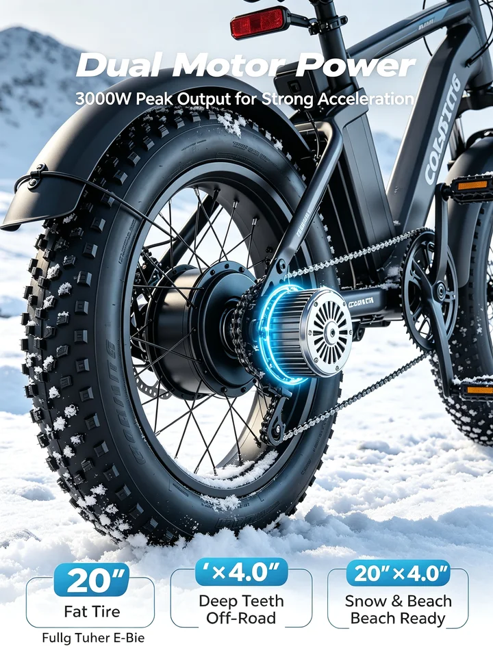 COASTA CT6  Dark Gray Frame 20Inch Fat Tire Electric Bike Dual Motor Full Suspension E Bicycle 3000W Peak 60V Removable Battery Hydraulic Disc Brake Shimano 7‑Speed LCD Display LED Headlight Max Load 150KG For Snow Beach Mountain Off‑Road Riding image 2