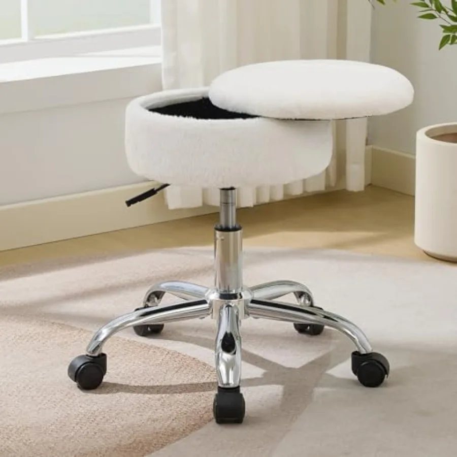 

Vanity Chair with Wheels Adjustable Vanity Stool with Storage Swivel Vanity Stool for Vanity Rolling Makeup Stool Chair Faux Fu