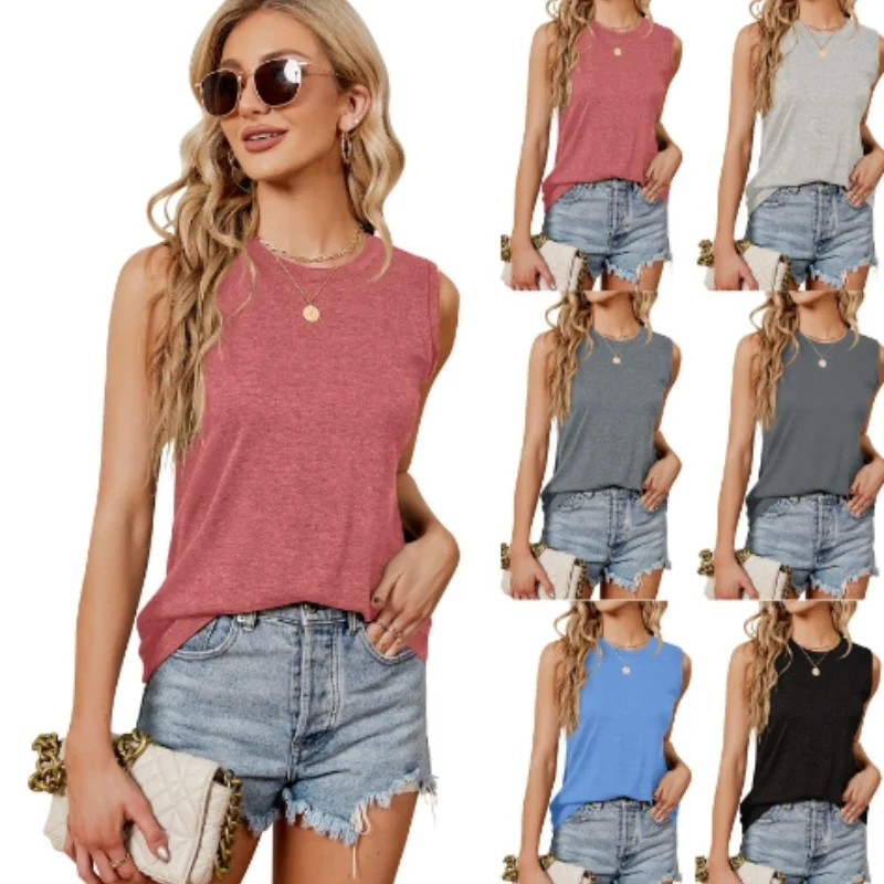 

Women's Vacation Beach Vest 2025 Spring Summer Latest Variant Loose Knit Sleeveless Round Neck Shirt Tank Top Solid Color Sling