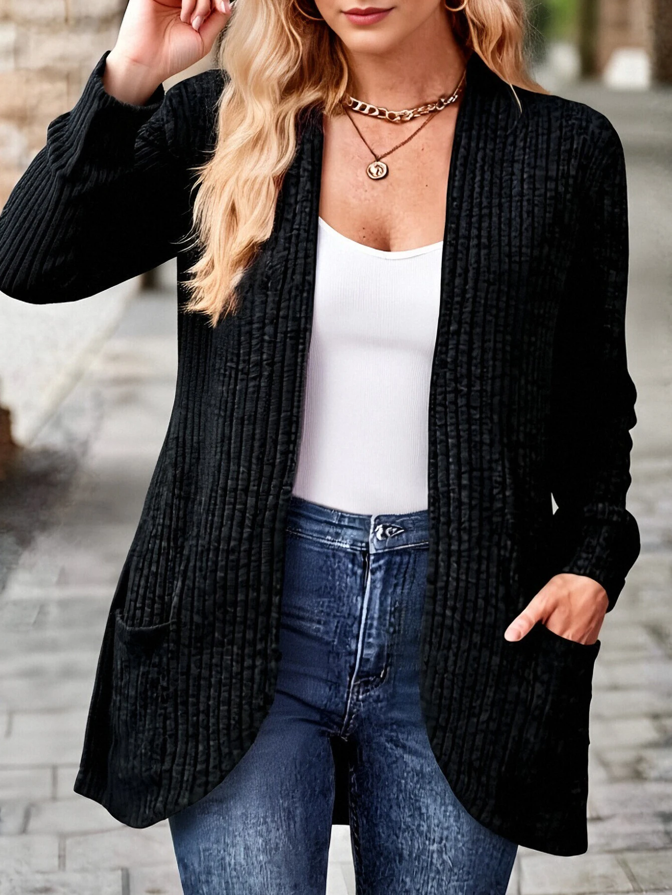 سترة نسائية كاجوال خفيفة الوزن بأكمام طويلة مفتوحة من الأمام للأعمال اليومية ملابس خارجية للخريف والشتاء