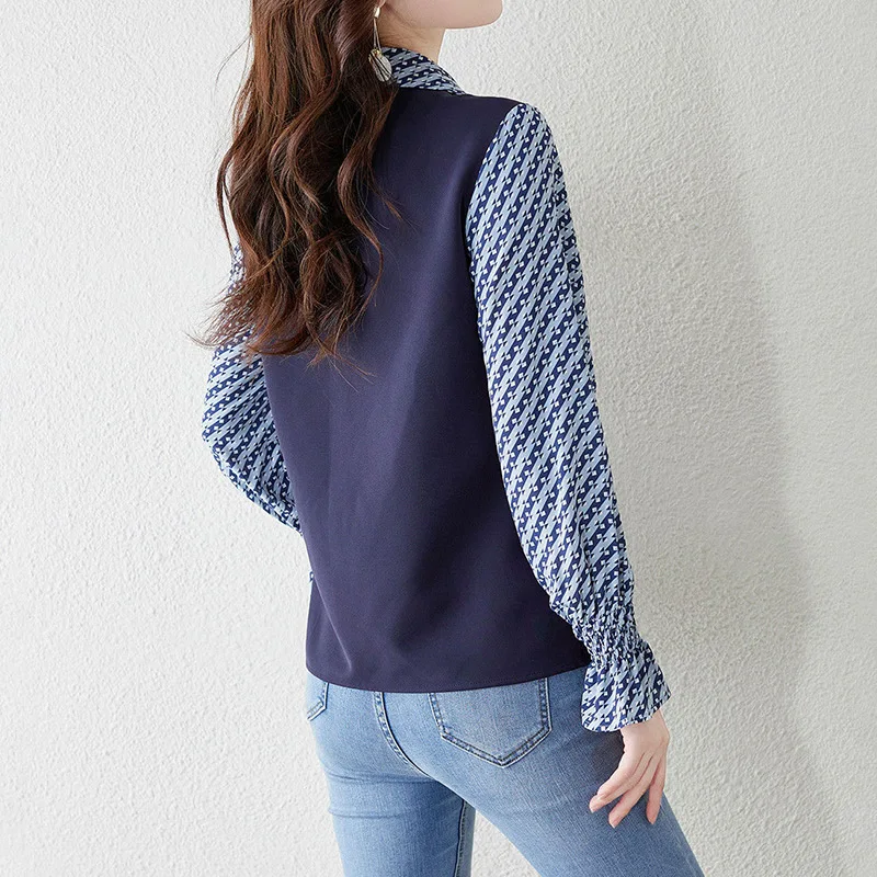 Spring Summer Elegant Fashion Fake Two Pieces Chiffon Patchwork Shirt Top Women Flare Long Sleeve Casual Pullover Blouse Blusa