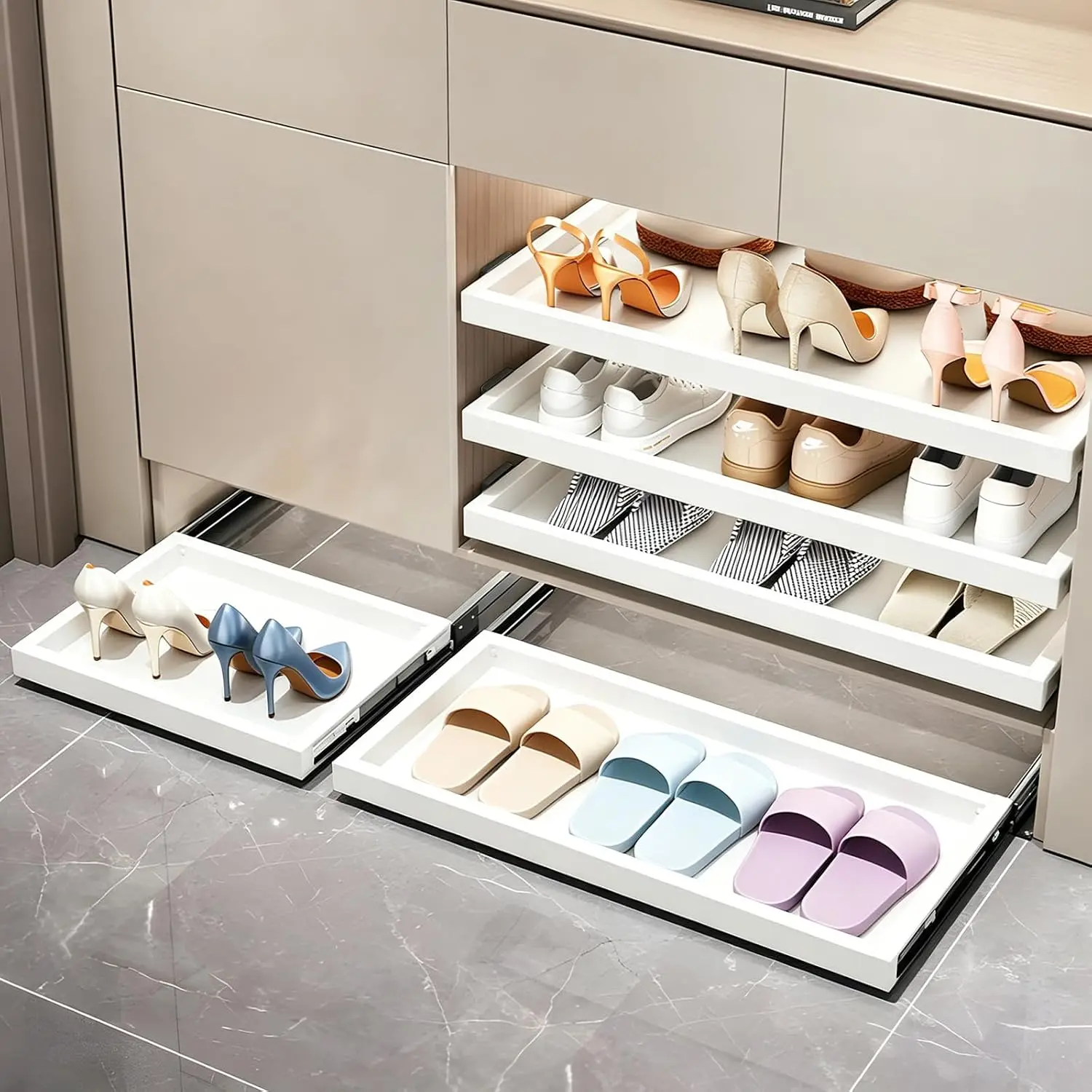 Pull Out Shoe Rack, Push To Open Adjustable Width Sliding Tray, Wardrobe Storage, Customized