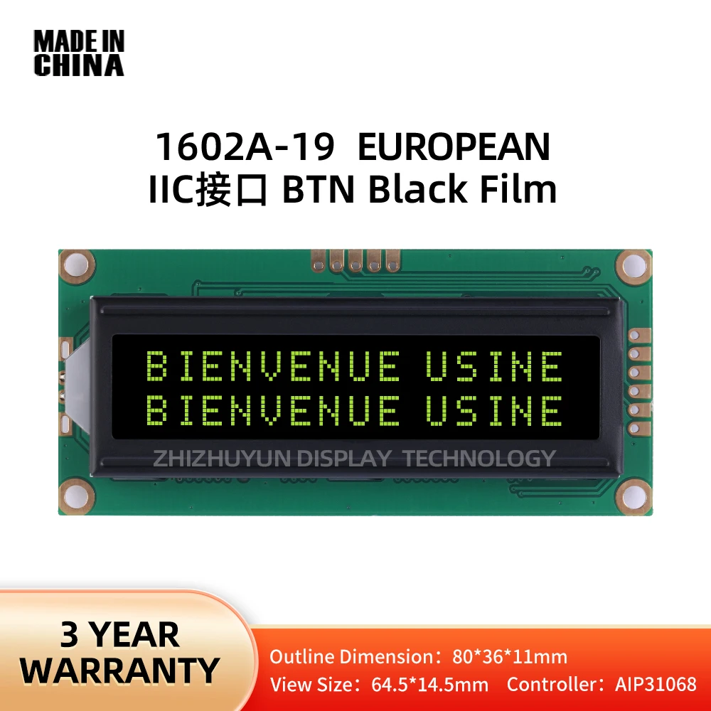 BTN-película negra con texto amarillo, 1602A-19, pantalla de caracteres, módulo de interfaz de doble fila, Controlador Europeo, pantalla LCD AIP31068, 5V