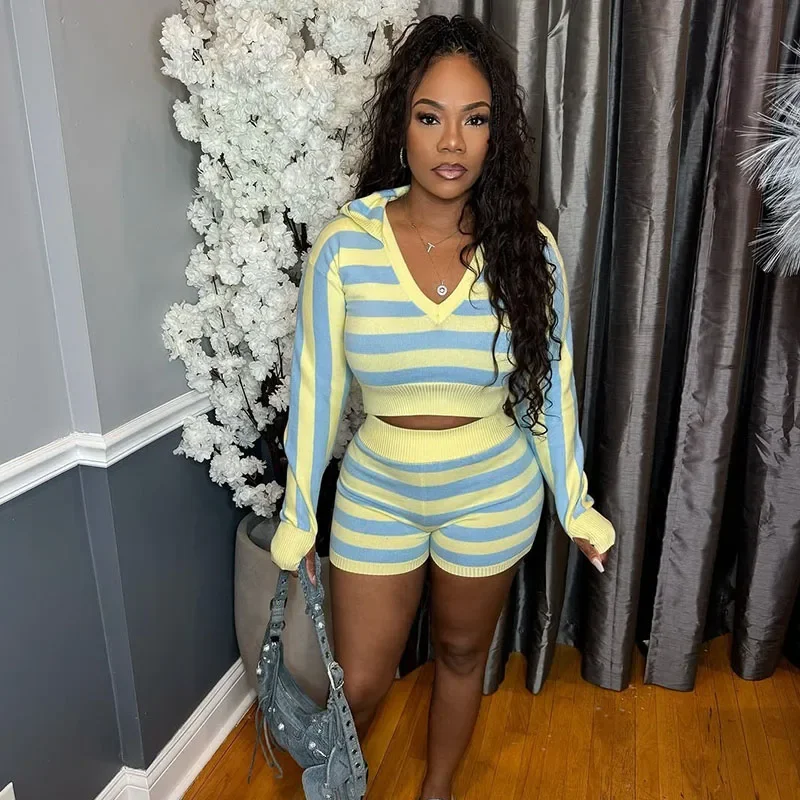 

Knitted Striped Two Piece Outfits Woman Short Sets Sports Casual Long Sleeve V-neck Crop Top and Shorts New in Matching Sets