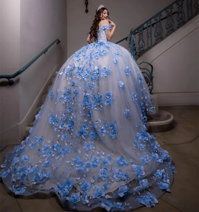 Sky Blue Princess Quinceanera Dresses Ball Gown Off The Shoulder Floral Pearls Sweet 16 Dresses 15 Años Mexican