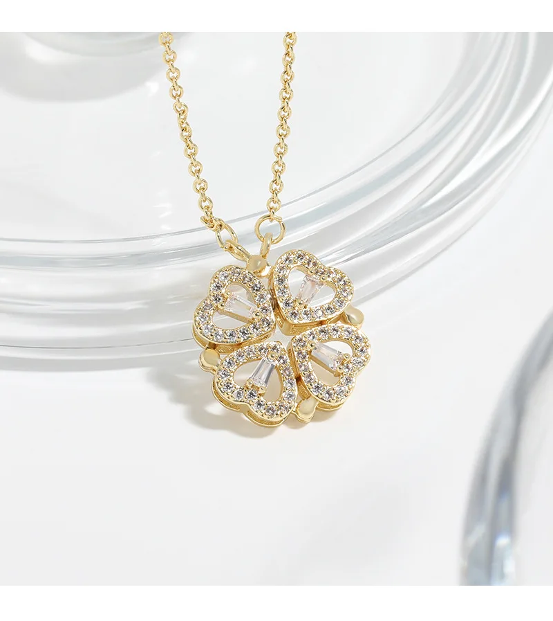 CARLIDANA Transform Luxury Four Leaf Clover Pendant Necklace Crystal Gold Color Heart Love Jewelry for Women Gift
