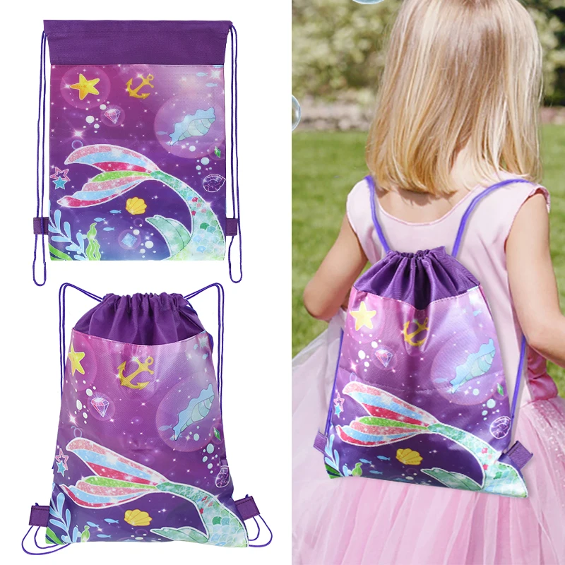 

Cartoon Mermaid Tail Non-woven Gifts Bag Candy Drawstring Backpack Bags Birthday Party Decor Baby Shower Packing Storage Bag