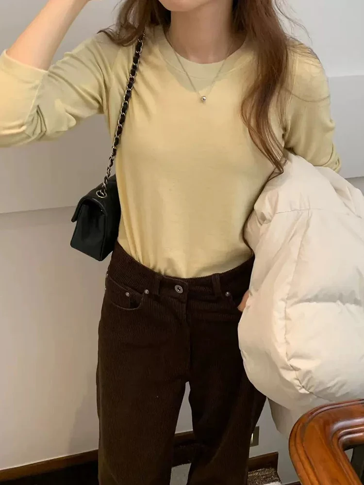 

Basic round Ne Long Sve T-irt Women's Base Layer Loose Fit Casual Sle Cotton Thiened Underwear Top