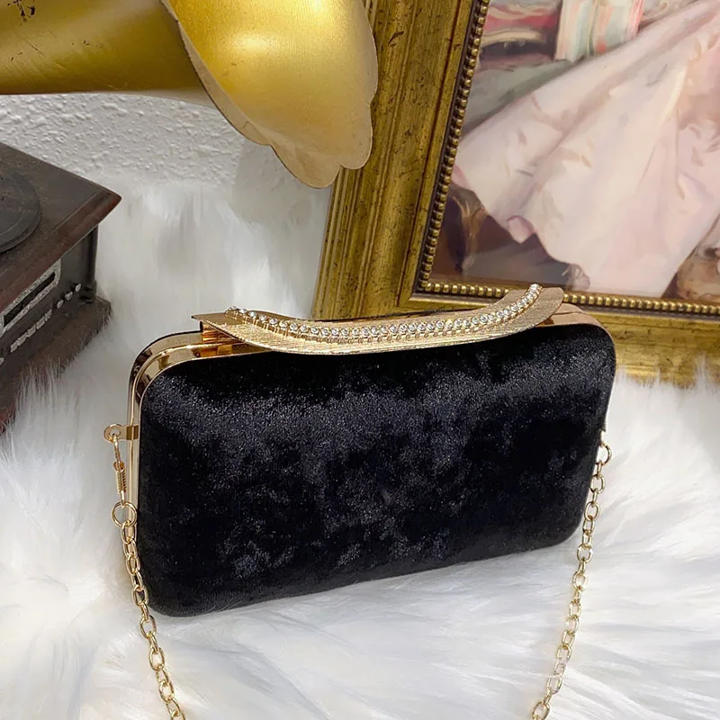 New Women Black Velvet Evening Clutch Bag Glitter Rhinestone Buckle Banquet Party Ladies Handbag Purse with Chain view 3