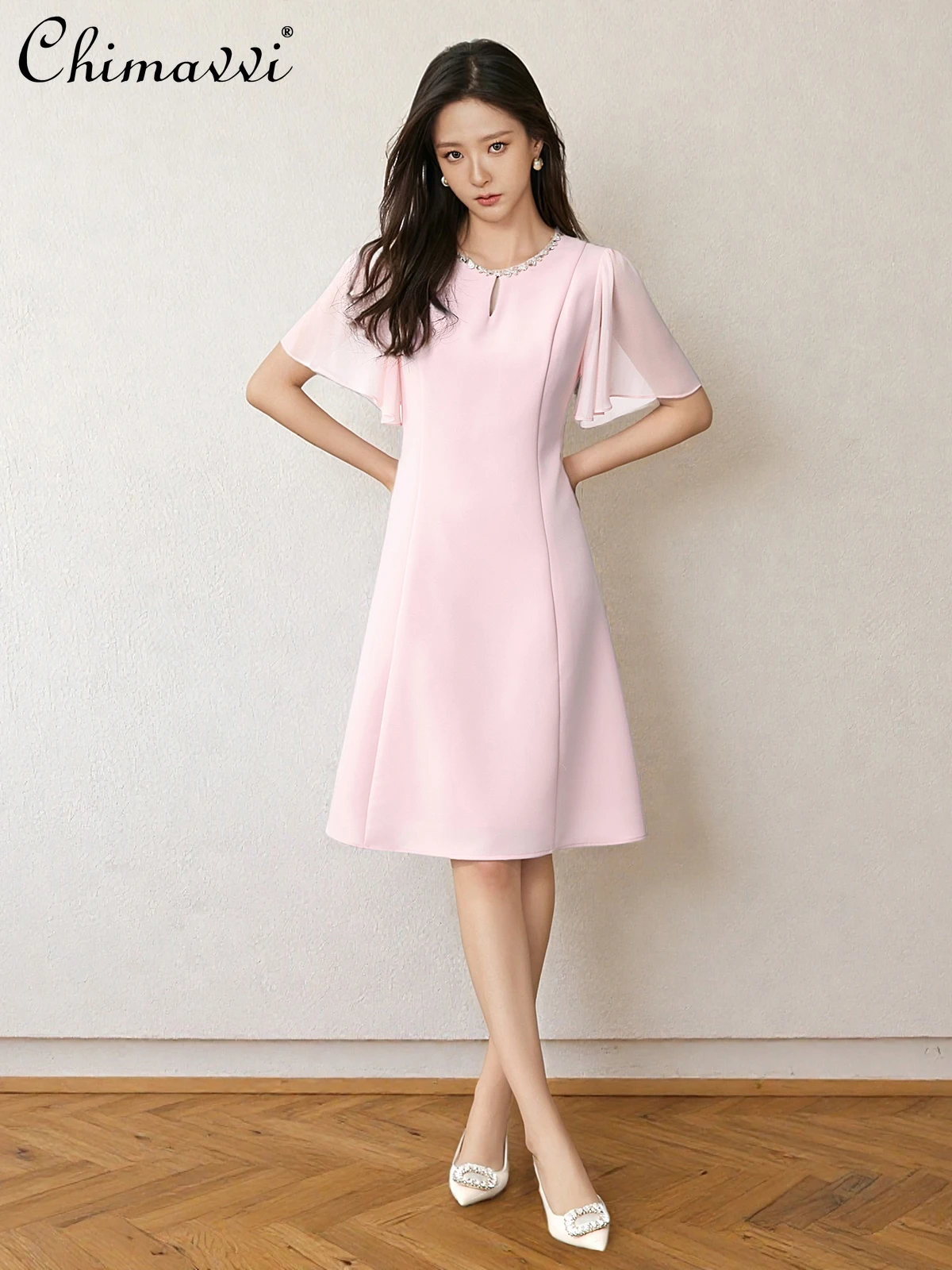 

French Temperament Elegant Fashion Black Dresses Round Neck Diamond Ruffles Sleeve High Waist Slim A-line Summer Dress for Women