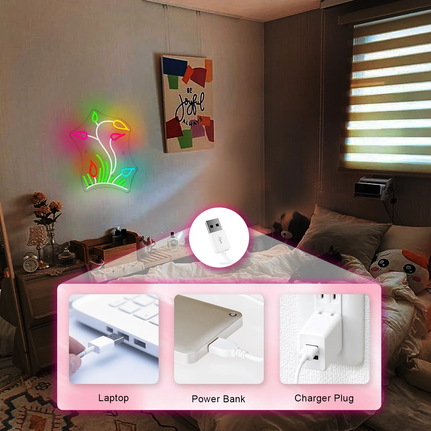 Enseigne au néon tulipe pour décoration murale, fleurs colorées, enseigne lumineuse, lumières LED, décoration de chambre, maison, chambre, salon de beauté, lampe USB