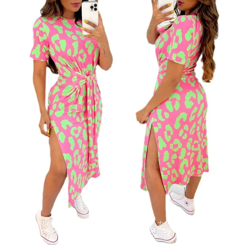 

2023 New Womens Dresses Brown Leopard Print Short Sleeve Waist Strap Side Split Casual Dress for Women