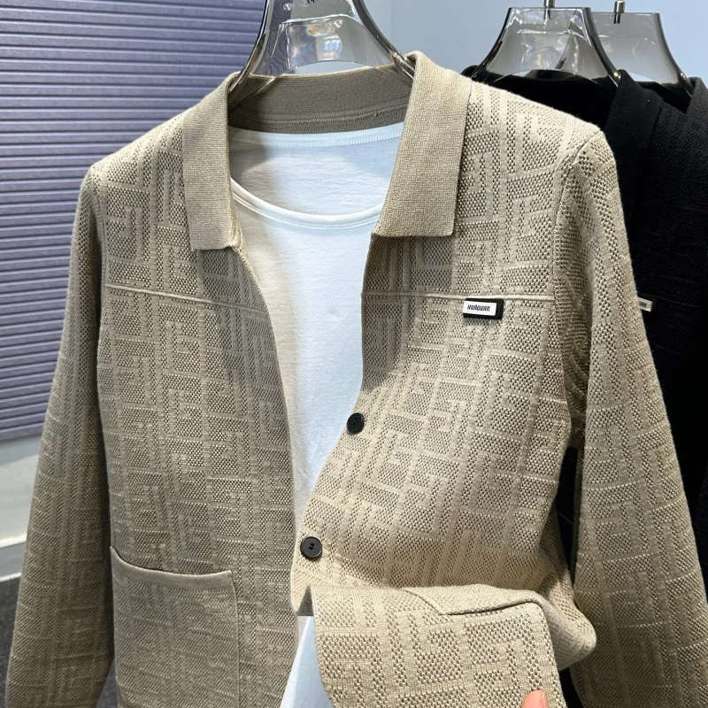 الرجال الخريف الشتاء عالية الجودة سترة الرجعية طوق الجاكار محبوك سترة معطف ملابس خارجية عصرية غير رسمية شال العصرية