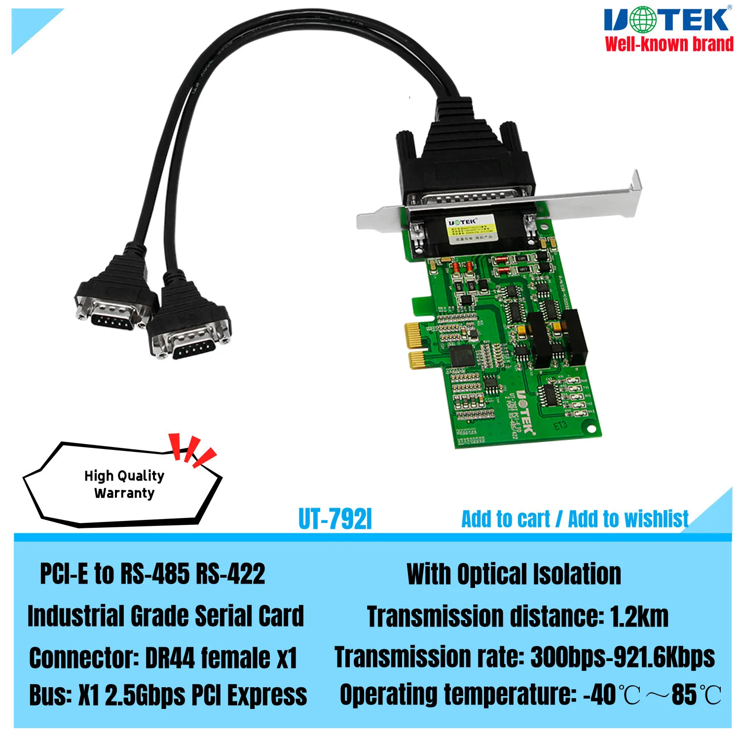 

UOTEK Industrial PCI Express PCI-E to RS-485 RS-422 Serial Card 2 Ports DB9 RS485 RS422 PCIE Converter Optical Isolation UT-792I