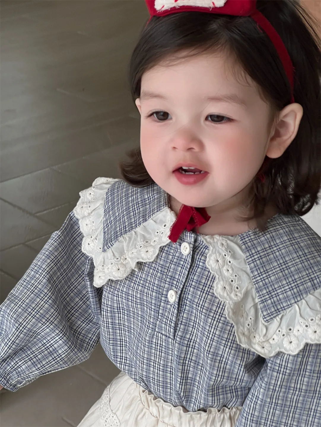 2025 Spring New Baby Girl Long Sleeve Plaid Shirts Kids Girls Lace Large Lapel Blouse Infant Cotton Tops Children Clothes - Image 5