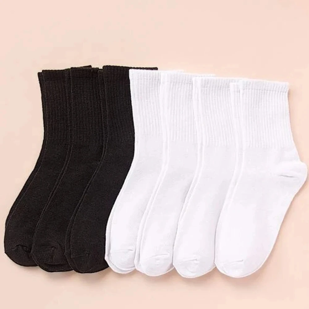 7 Pairs Mid Length Socks Women\'s Classic Black White Solid Color Fashionable Casual Sports Sweat Absorbing Breathable Men Socks